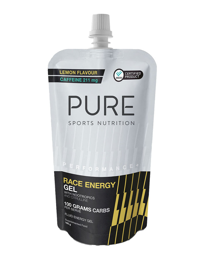 Lemon PURE Race Energy Gel with 211mg caffeine and 100g carbs, 185g spout pack, nootropics blend