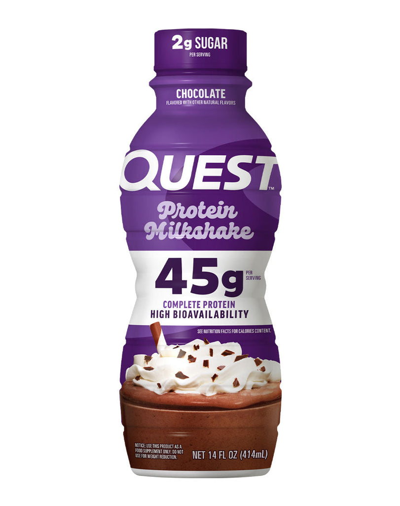 Quest Protein Milkshake chocolate flavour, 414mL bottle with 45g complete protein per serving