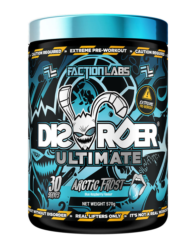 Faction Labs Arctic Frost pre-workout Disorder Ultimate 570g tub featuring blue lid and intense graphic label