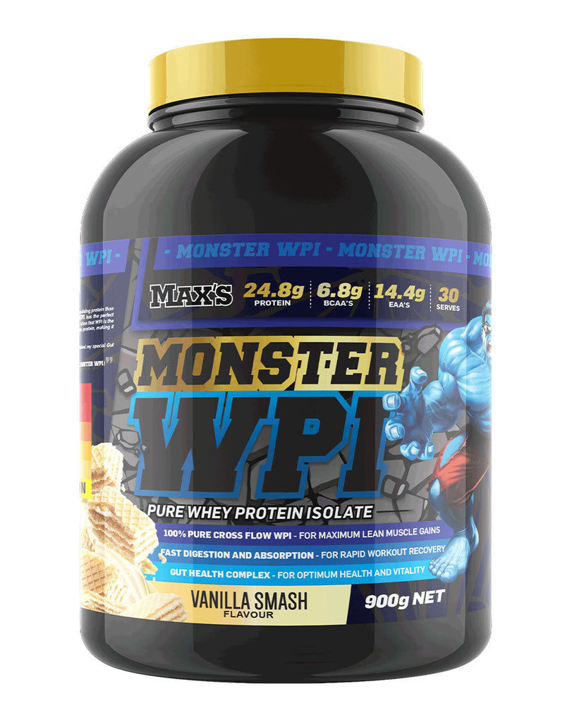 900g Max’s WPI protein powder in vanilla smash flavour, black container with muscle cartoon graphic
