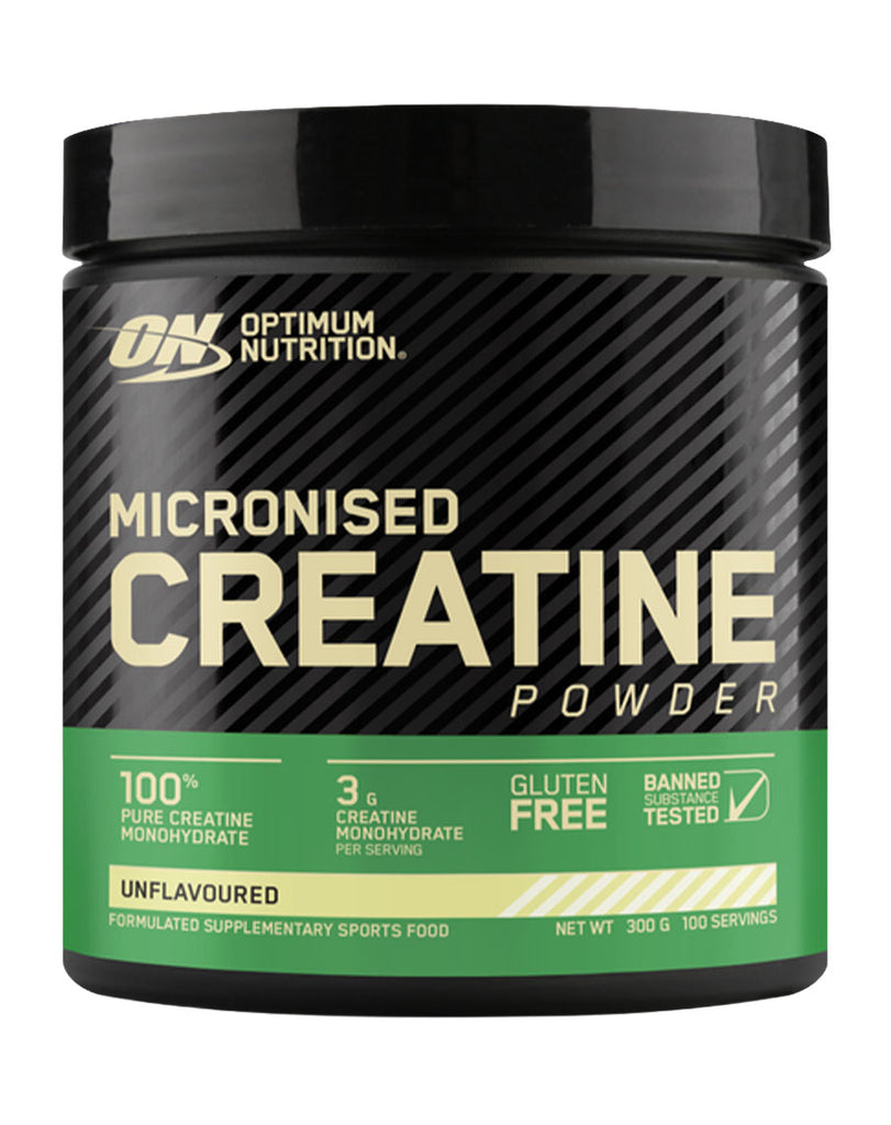 Unflavoured Optimum Nutrition creatine monohydrate powder, 300g black tub with green and gold label