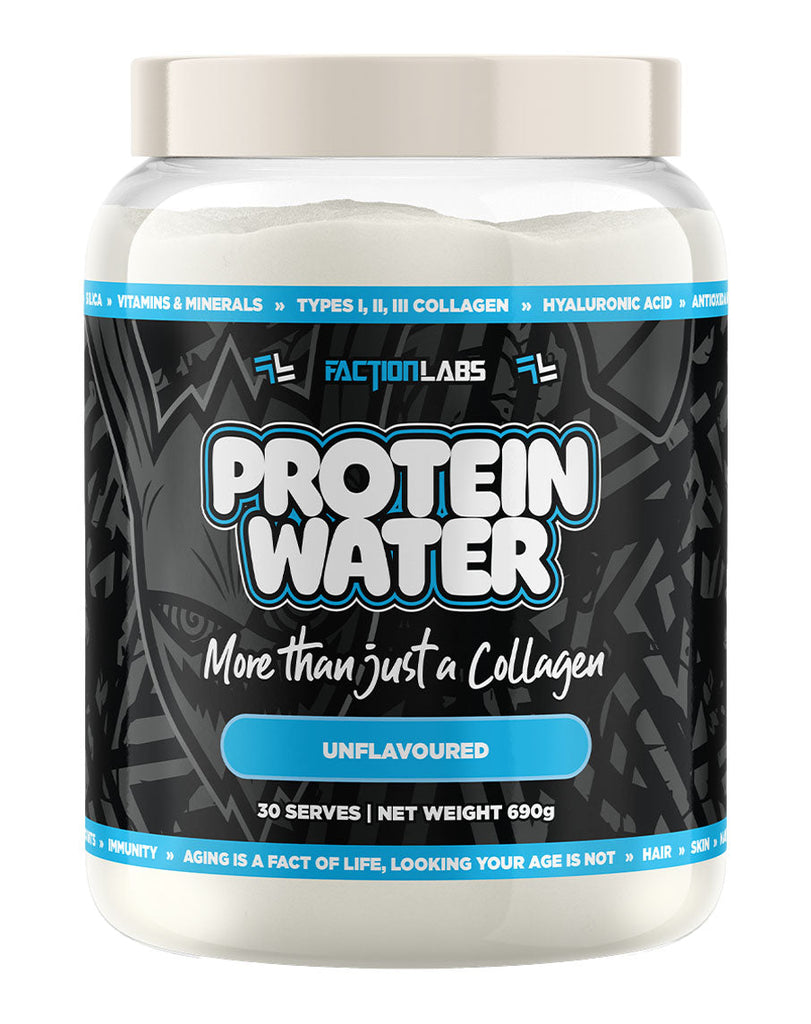 Unflavoured Protein Water by Faction Labs, 690g collagen supplement tub with blue accents