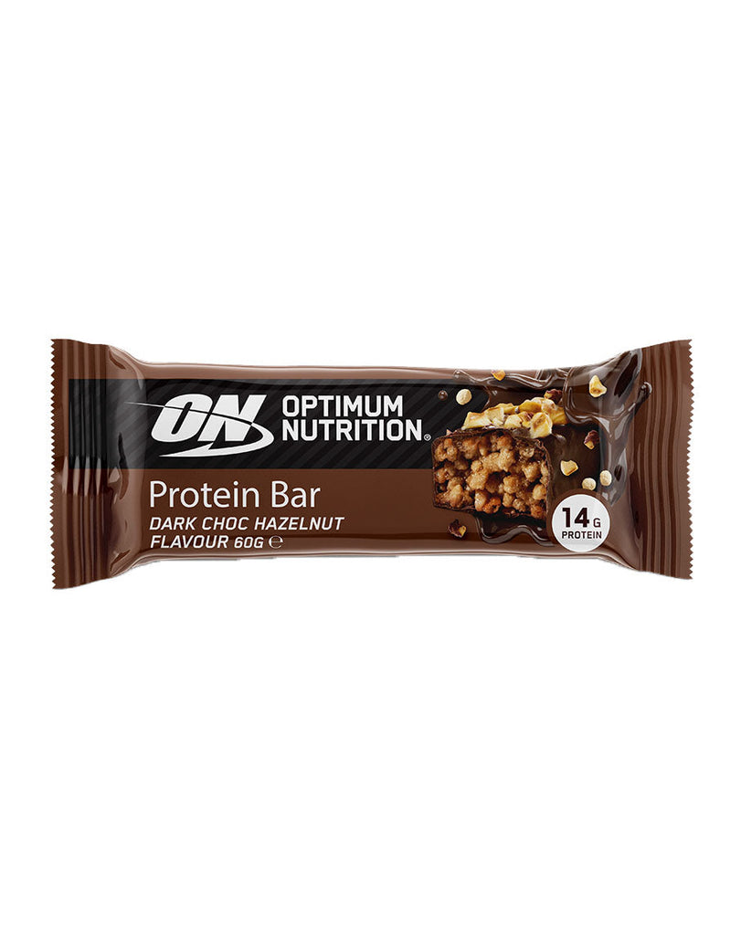 60g Optimum Nutrition protein bar in dark chocolate hazelnut flavour, brown packaging with visible crunchy filling