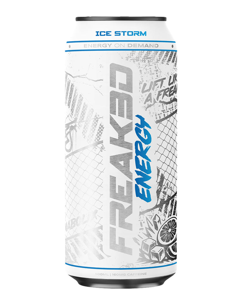 Freak Energy Ice Storm 500ml energy drink can featuring blue text, citrus ice graphics and caffeine content label