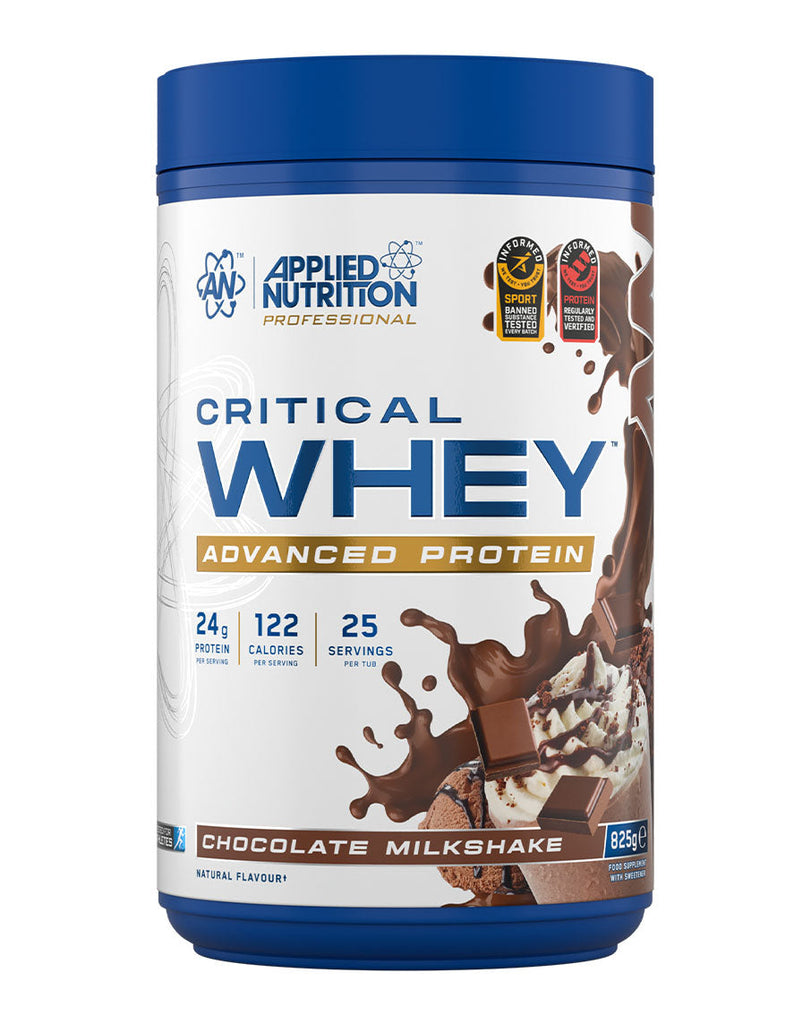 Applied Nutrition Critical Whey chocolate milkshake 825g tub with blue lid and advanced protein label