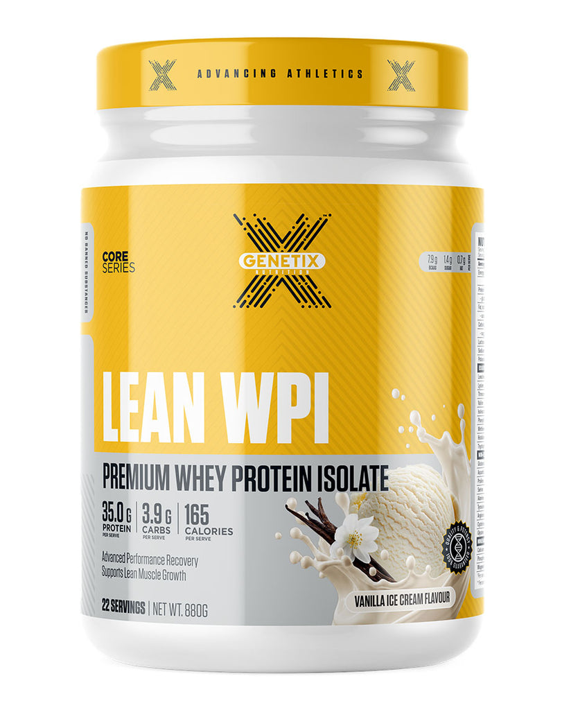 Genetix Nutrition vanilla ice cream WPI supplement tub featuring yellow and white protein label design