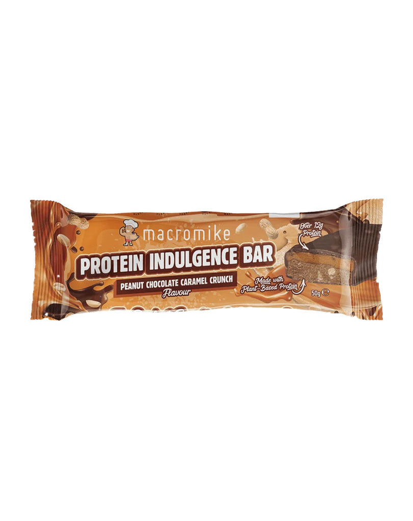 Macromike peanut chocolate caramel crunch protein bar 50g wrapper with plant-based protein label