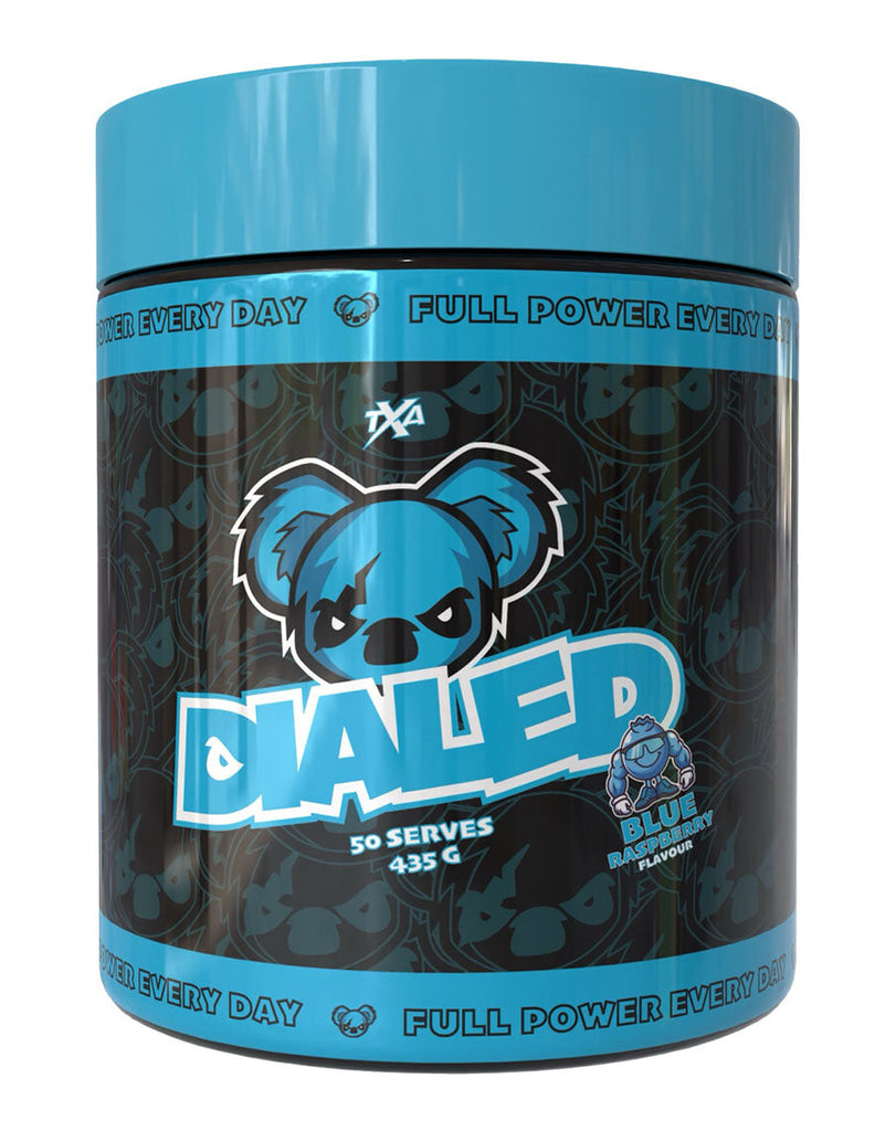 Blue Raspberry DVALED energy supplement in 435g container with bold blue branding and 50 servings
