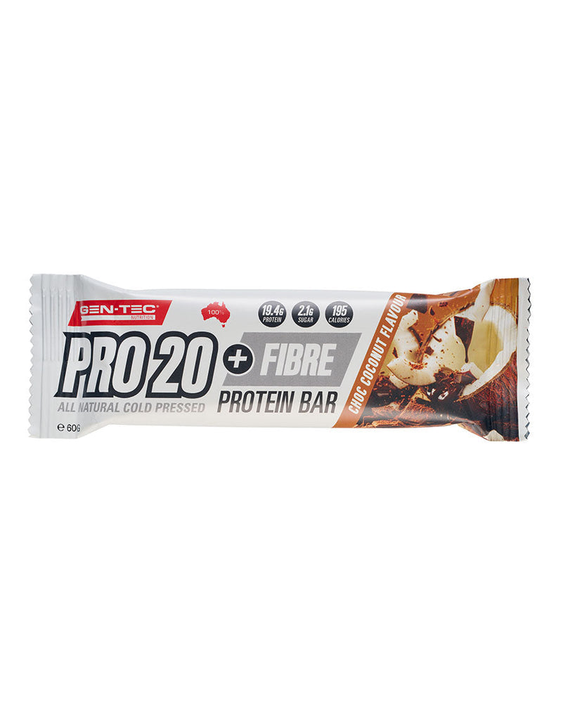 60g GEN-TEC Pro20 + Fibre protein bar in choc coconut flavour with 19.4g protein