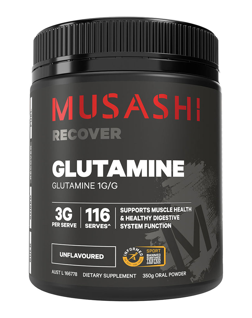 Musashi Recover Glutamine supplement bottle – black plastic container featuring red logo, grey background, white text, and unflavoured label box at the bottom
