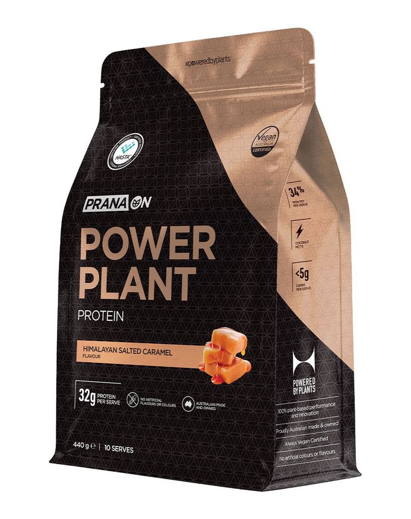 Prana On Power Plant Himalayan Salted Caramel plant protein powder, 440g pouch with 32g protein per serve