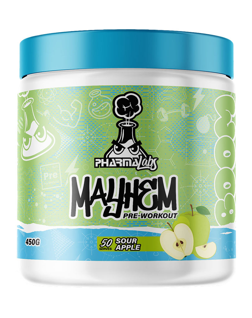 PharmaLabs Mayhem pre workout powder Sour Apple flavour 450g tub with blue lid, 50 serve sports supplement formula