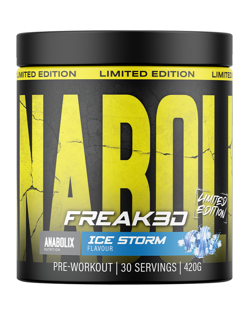 Limited edition Anabolix Freak3d Ice Storm pre-workout, 420g container with cracked yellow design