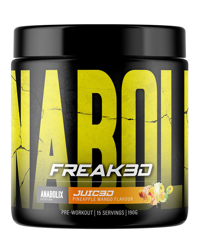 A container of Freak3d JUIC3D pre-workout supplement in Pineapple Mango flavor by Anabolix Nutrition.:::45767871824099