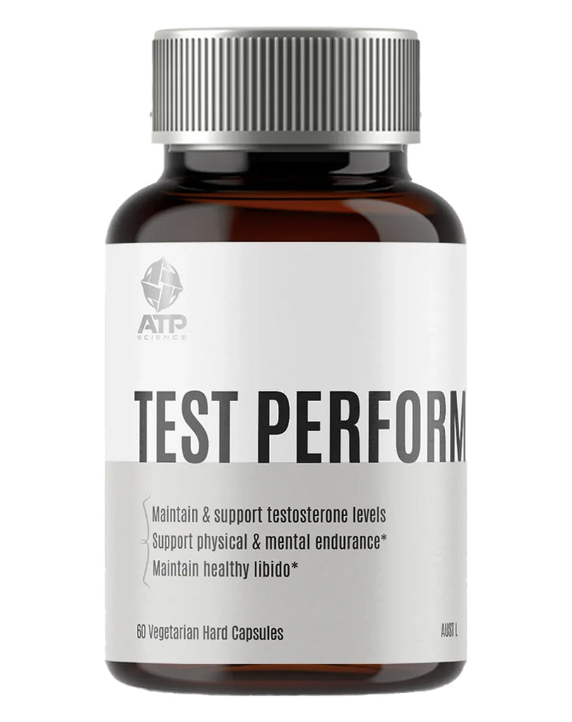 Test Perform by ATP Science, 60-count vegetarian capsules in dark bottle with bold white and grey label