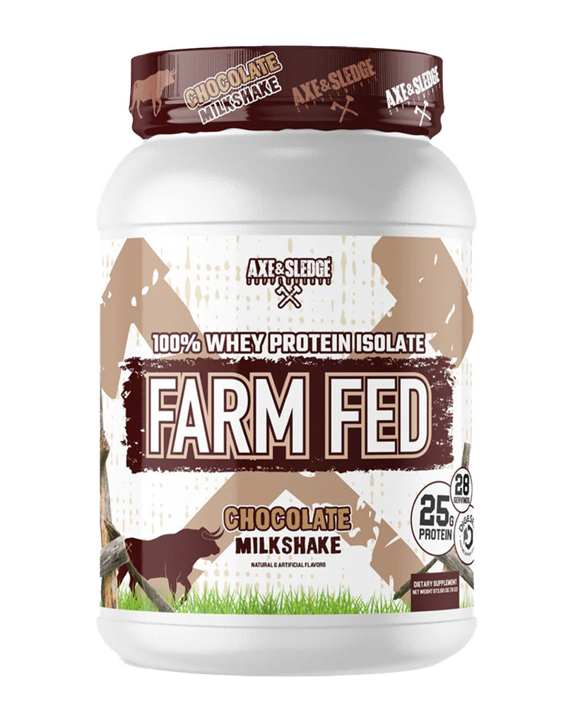 Chocolate milkshake whey protein isolate by Axe & Sledge, Farm Fed label on white container with 25g protein badge