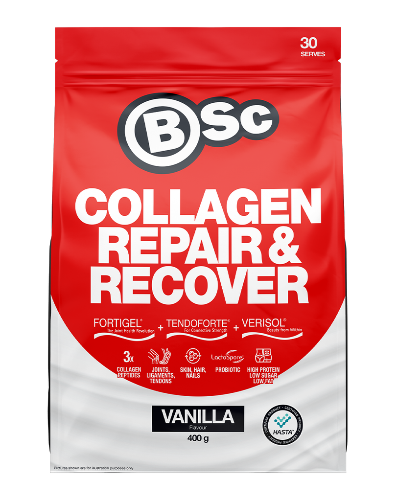 BSc collagen repair and recover vanilla 400g pouch with collagen peptides, probiotic blend and joint support formula