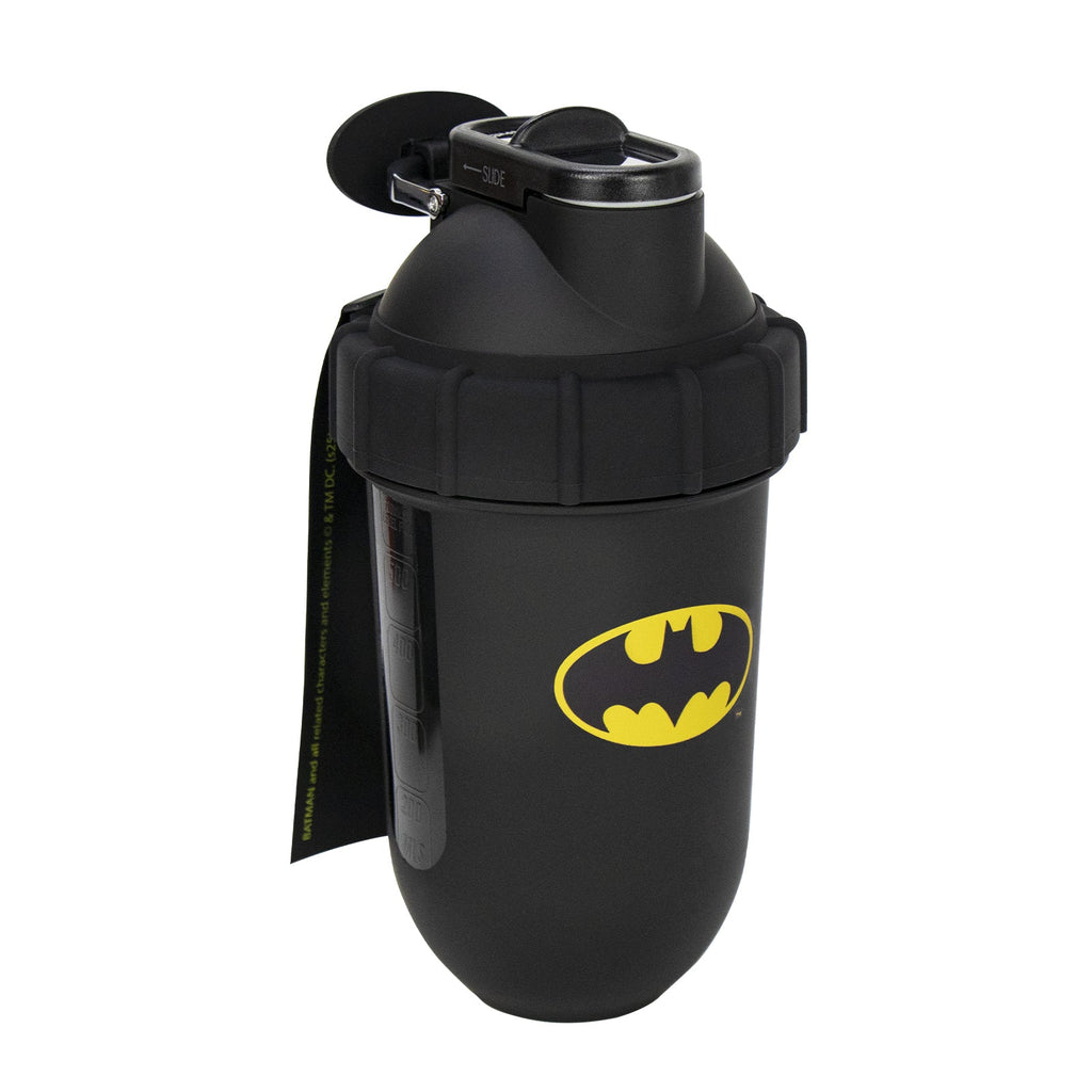 Black Batman shaker bottle with yellow logo and flip cap, ideal for protein or pre-workout drinks