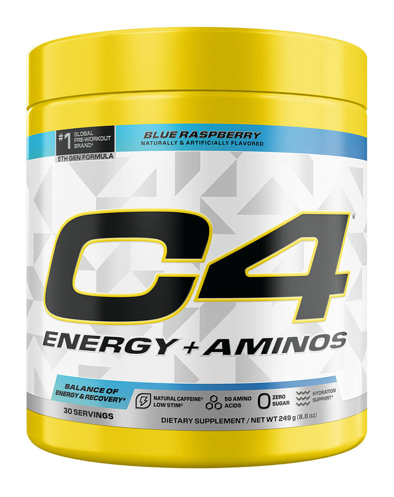 C4 pre-workout with aminos, blue raspberry flavour in 249g container, yellow lid and energy support label