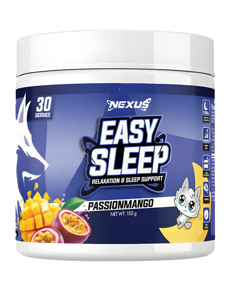 Sleep aid supplement by Nexus, Passion Mango flavour, 150g container with cartoon moon and fruit graphics