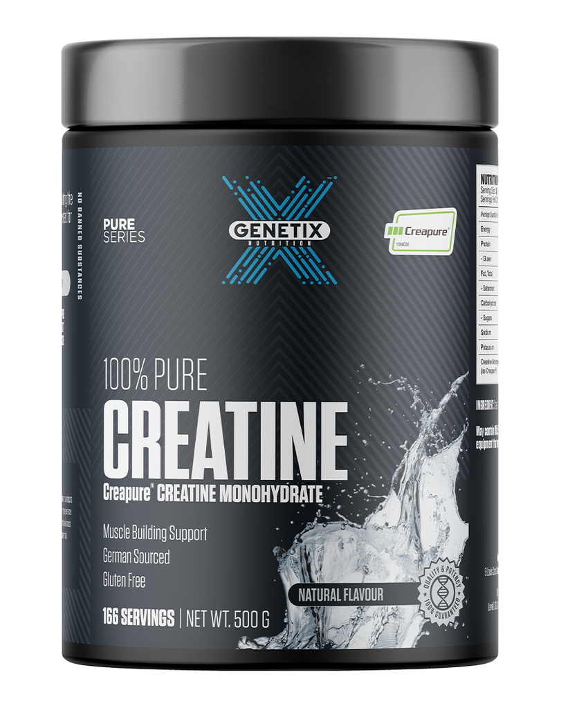 500g Genetix creatine supplement container, pure creatine monohydrate with natural flavour branding