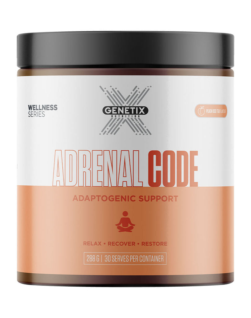 Peach Ice Tea flavoured Adrenal Code by Genetix, 288g stress support powder in wellness series jar