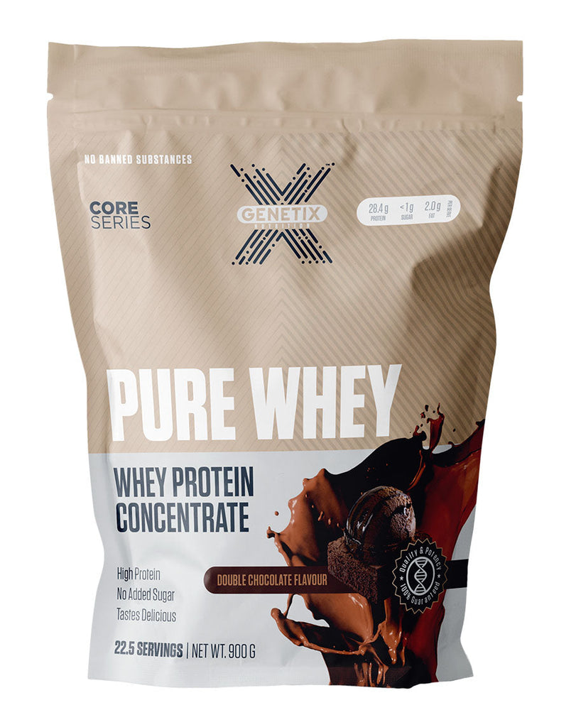 900g bag of Genetix Core Series whey protein in rich double chocolate with high protein content