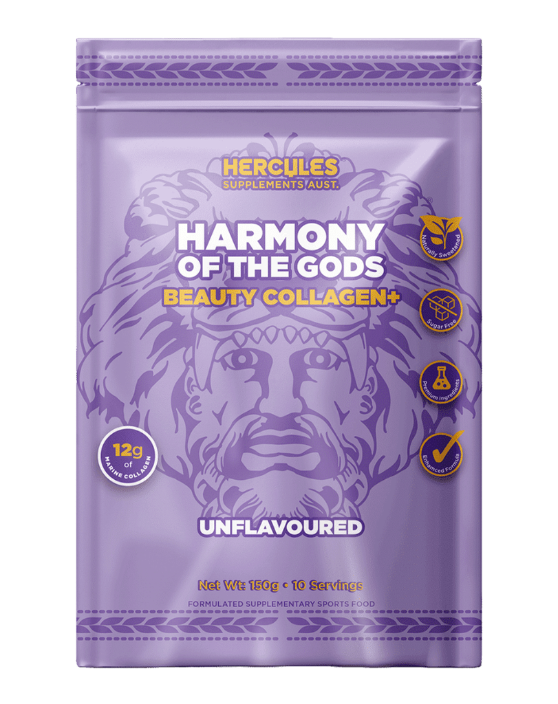 150g Hercules Beauty Collagen+ supplement in unflavoured formula, purple resealable pouch with 10 servings