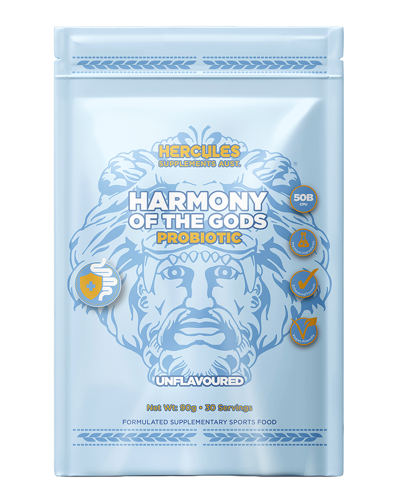 Harmony of the Gods probiotic by Hercules Supplements Aust, 90g unflavoured sachet, 30 servings, enhanced formula