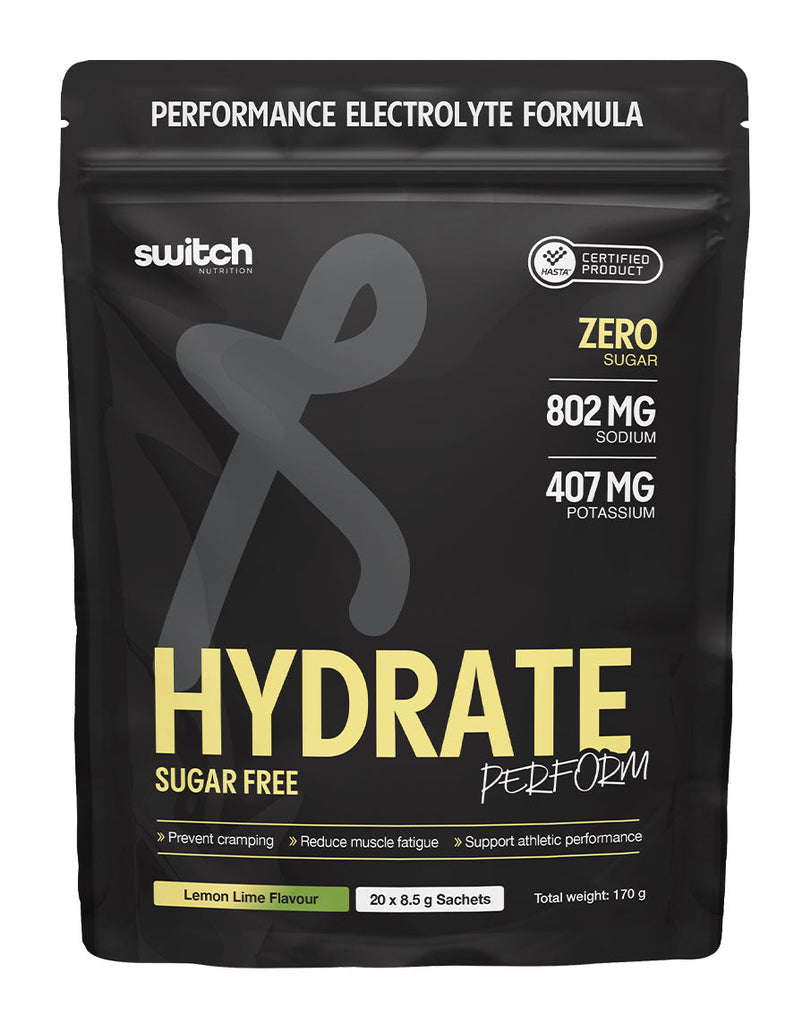 Lemon lime Switch Nutrition Hydrate, zero sugar electrolytes, 170g pack with bold yellow label design