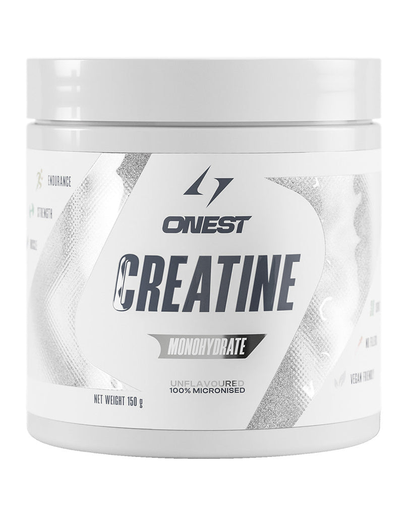 150g Onest creatine powder supplement in white container, unflavoured monohydrate formula branding