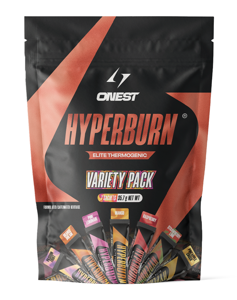 ONEST Hyperburn Variety Pack thermogenic drink, 7 assorted flavour sachets in black and orange pouch