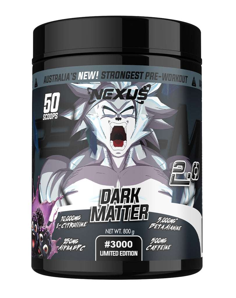 Limited edition Nexus Dark Matter pre-workout – 800g container with intense cartoon character design