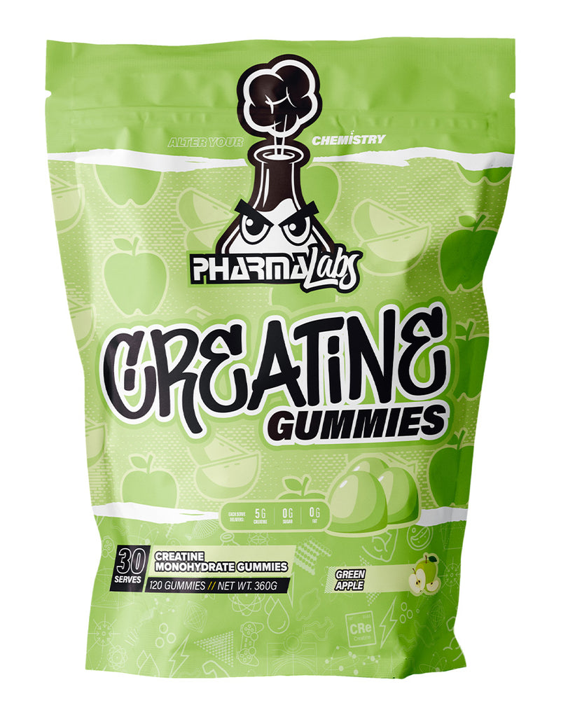 PharmyLabs creatine gummies in Green Apple flavour, 360g pouch with 120 gummies and 30 serves