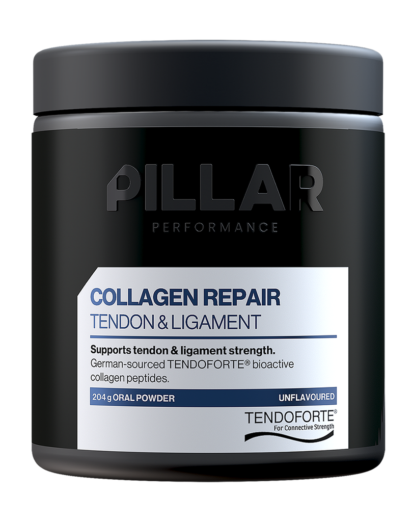 204g Pillar Performance Collagen Repair oral powder for tendon and ligament support in black tub