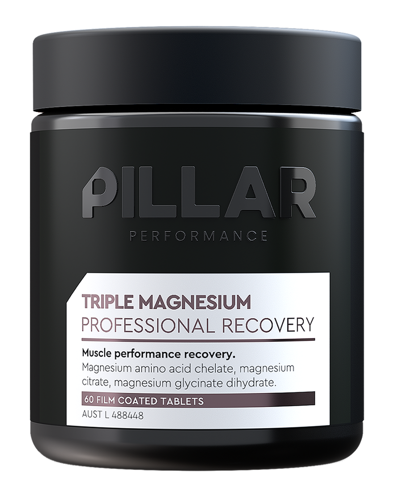 Pillar Performance triple magnesium supplement 60 tablets black jar muscle recovery formula with white label