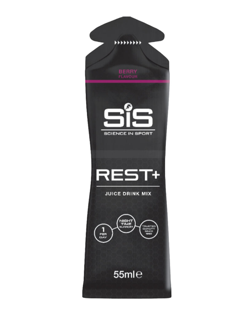 Science in Sport REST+ berry juice mix sachet – 55ml black pouch with white and pink label
