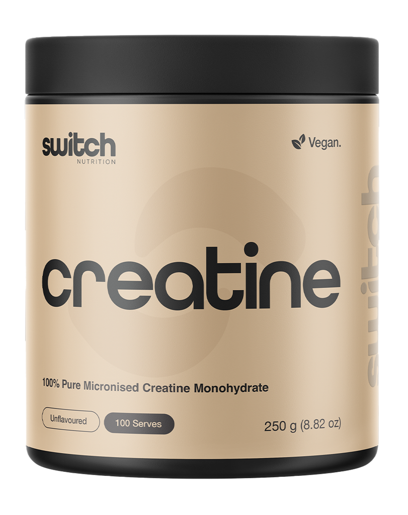 Switch Nutrition creatine monohydrate 250g powder unflavoured, 100 serves, beige tub with black lid, vegan