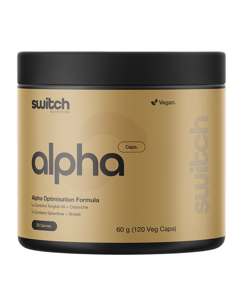 Switch Nutrition Alpha optimisation formula capsules 120 veg caps 60g tub, vegan testosterone support blend