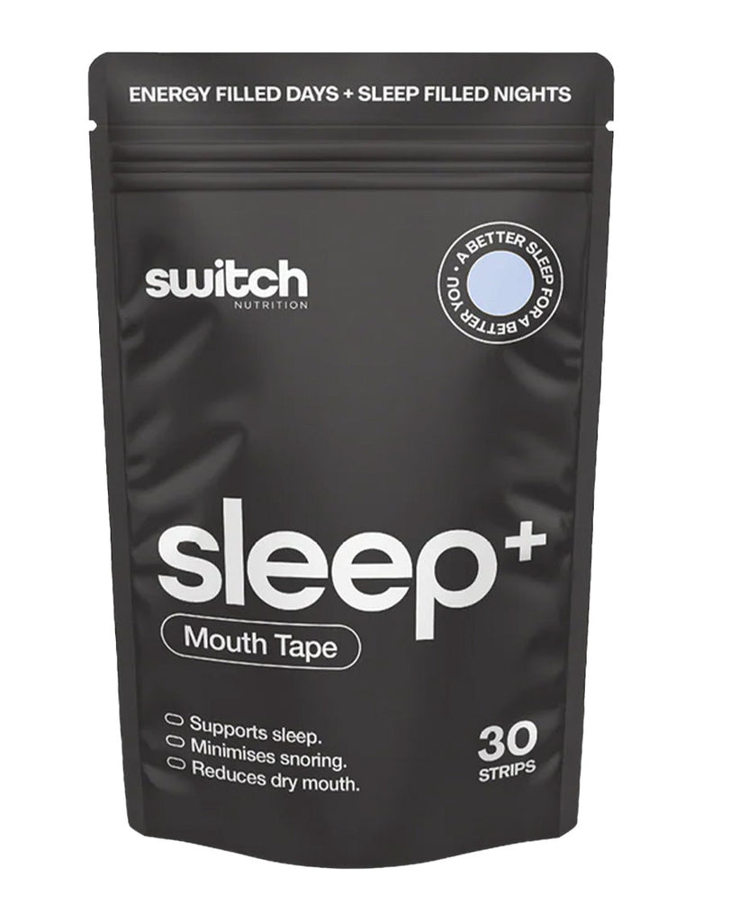 Switch Nutrition Sleep+ mouth tape, black resealable pouch with 30 strips, supports better sleep and reduces snoring