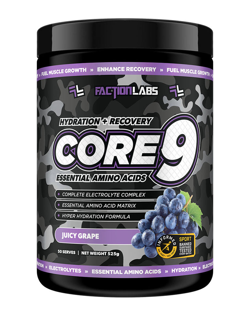 Juicy grape Core 9 by Faction Labs – 525g EAA and hydration powder in black and grey camouflage container