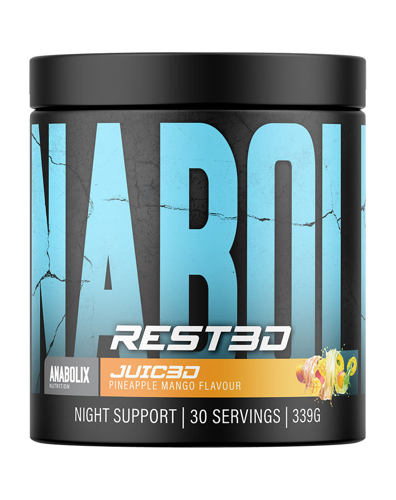 REST3D sleep support by Anabolix in pineapple mango, 339g container with cracked blue text design