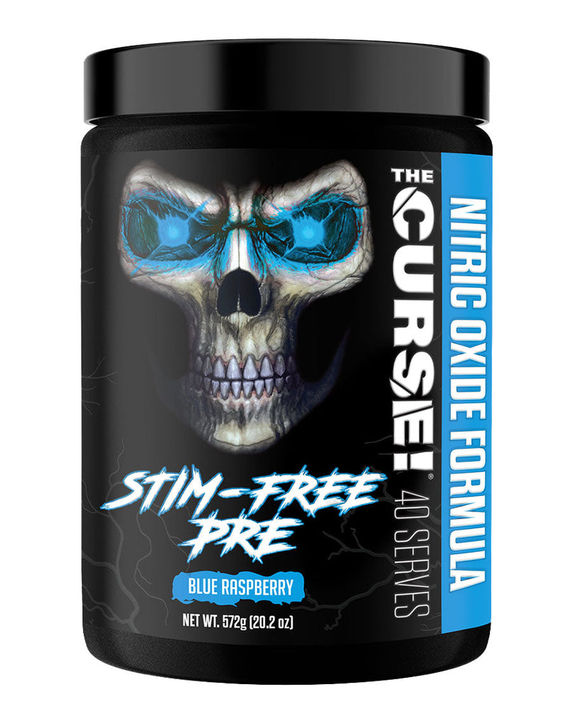 Black container of The Curse nitric oxide formula, 572g stim-free blue raspberry pre-workout