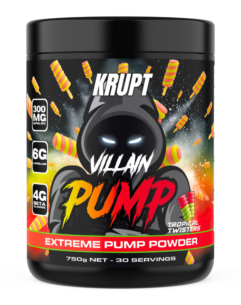 750g Krupt pre-workout powder in Tropical Twisters, black container with bold villain-themed design