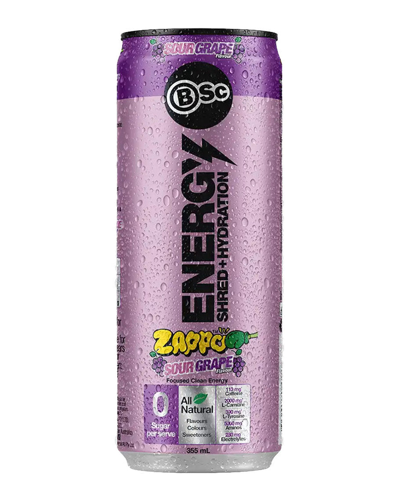 Sour grape flavour BSc energy drink, 355ml slim can with ZAPPO branding and natural ingredients listed