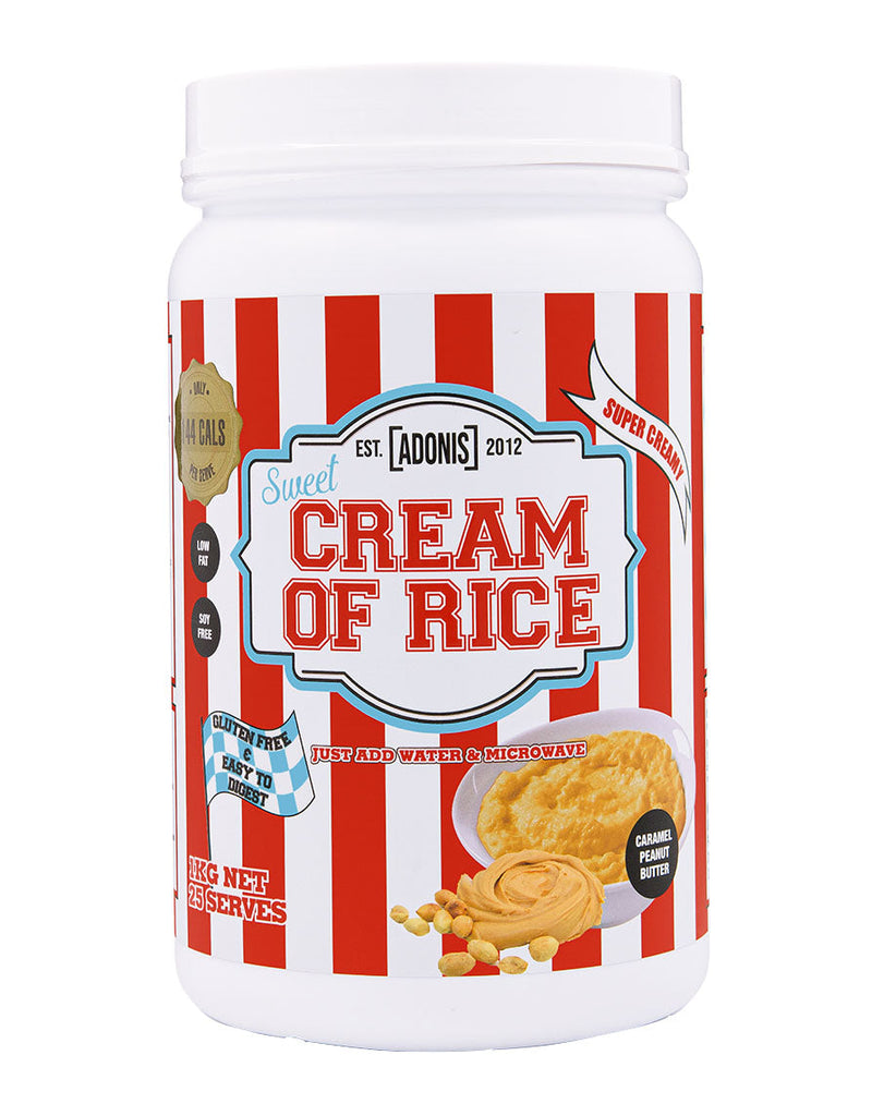1kg Adonis Cream of Rice, caramel peanut butter flavour, striped container with bold red text