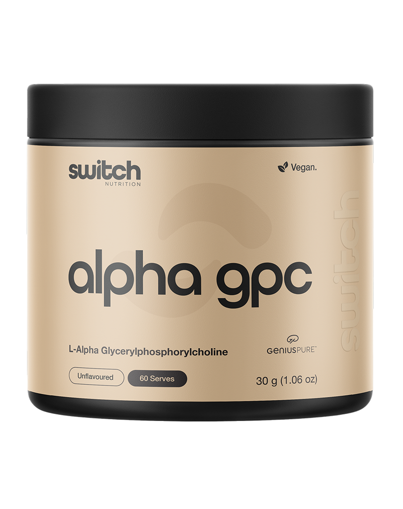 Switch Nutrition Alpha GPC powder 30g unflavoured nootropic, beige tub with black lid, 60 serves, vegan GeniusPure