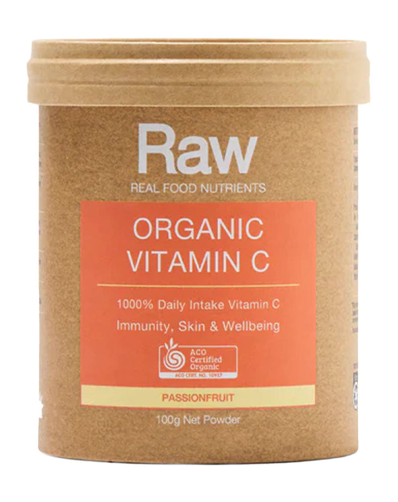 100g Raw Vitamin C supplement for immunity and skin, passionfruit flavour, kraft paper-style container with bold label