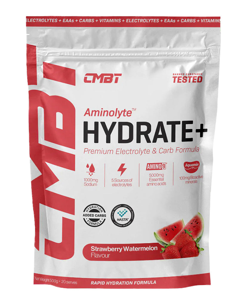 CMBT Aminolyte Hydrate+ Strawberry Watermelon – 500g hydration powder pouch with bold red label accents