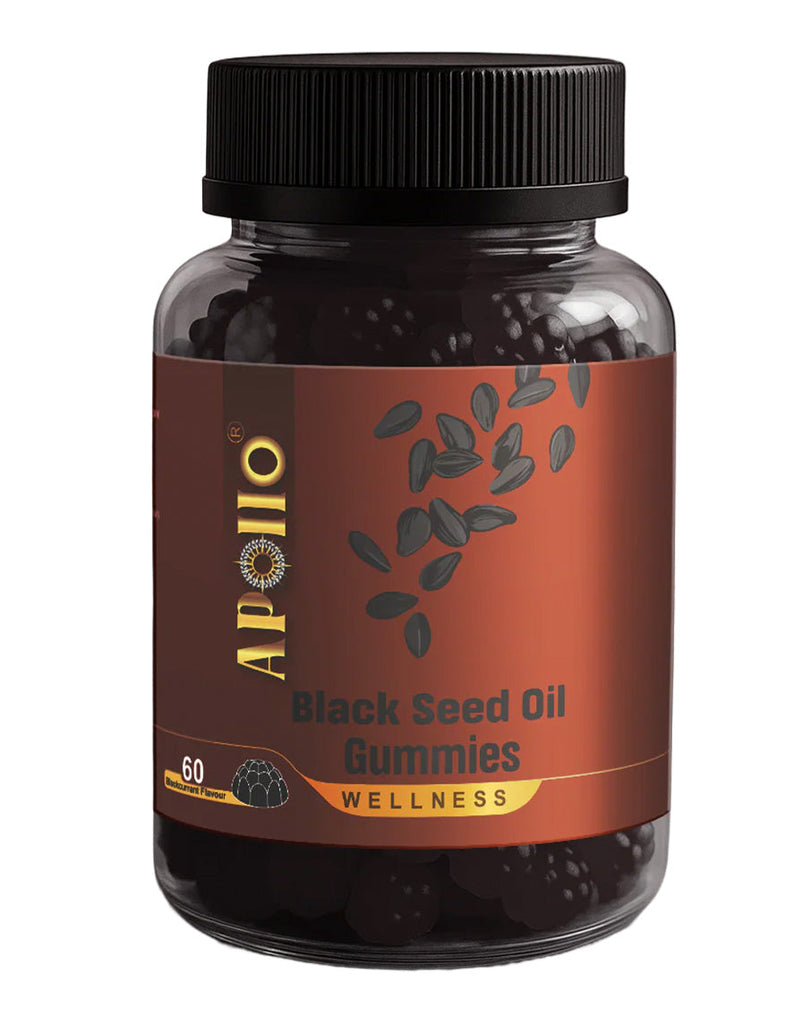 Apollo black seed oil gummies – 60-pack in a dark bottle with brown label and seed graphics